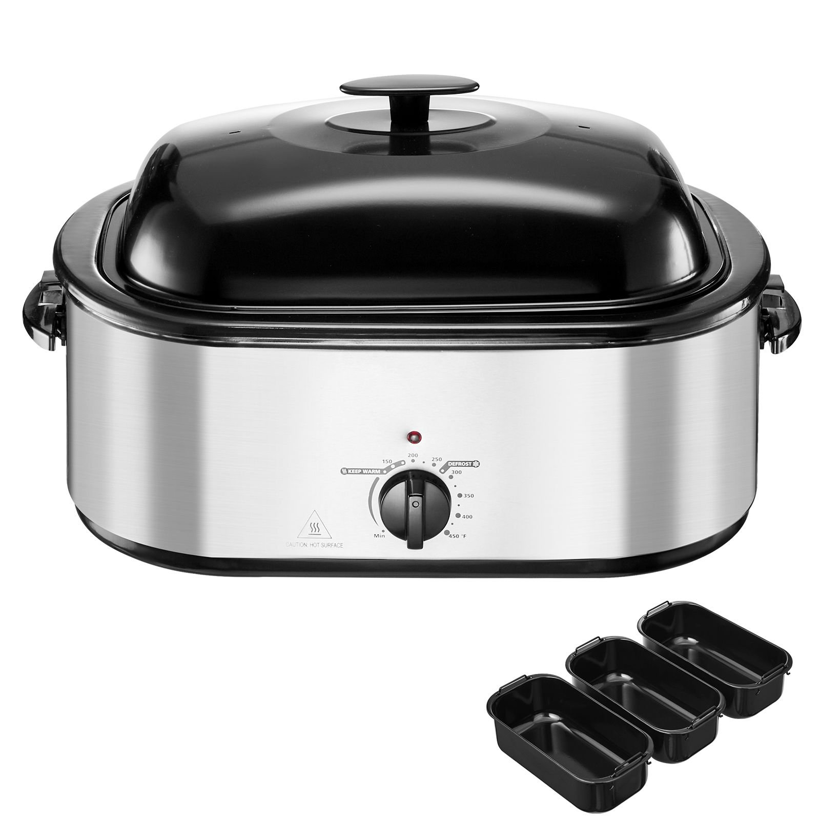 roaster oven, 24qt electric turkey roaster oven, 150 450 fahrenheit adjustable temp electric roasting pan with 3 bin buffet server, self basting lid, defrost & warm function, self basting lid