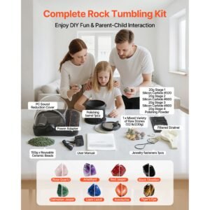 rock tumbler, 1 lb rock polishing machine, rocks tumbling kit with 4 speed adjustment, 1–9 day timer, pc sound reduction cover & tpu drum, direct drive motor rocks polishing, quiet operation