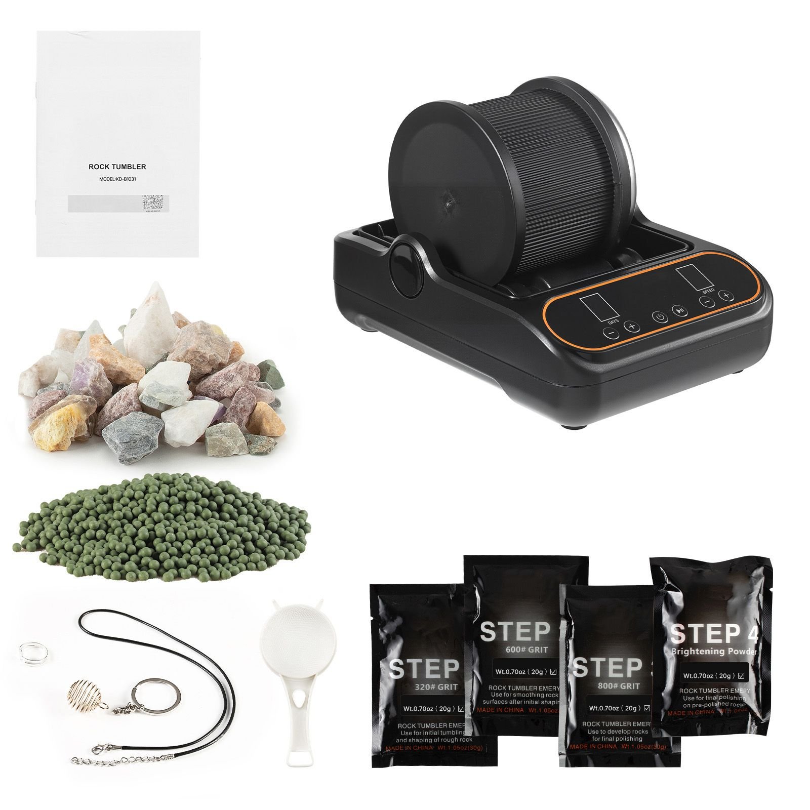 rock tumbler, 1 lb rock polishing machine, rocks tumbling kit with 4 speed adjustment, 1–9 day timer, pc sound reduction cover & tpu drum, direct drive motor rocks polishing, quiet operation