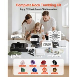 rock tumbler, 3 lb rock polishing machine, rocks tumbling kit with 4 speed adjustment, 1–9 day timer, pc sound reduction cover & tpu drum, direct drive motor rocks polishing, quiet operation