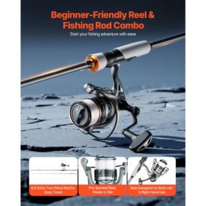 rod and fishing reel combo, im6 carbon fiber spinning rod and reel combo, bass fishing pole with 6.5 ft two piece rods, 7+1 ball bearings, eva handle, stainless steel guides with ceramic rings