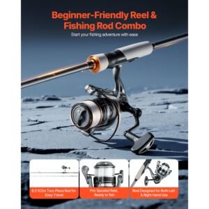 rod and fishing reel combo, im6 fiberglass & carbon fiber spinning rod and reel combo, bass fishing pole with 6.5 ft two piece rods, 6+1 ball bearings, stainless steel guides with ceramic rings