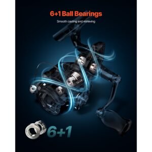 rod and fishing reel combo, im6 fiberglass & carbon fiber spinning rod and reel combo, bass fishing pole with 6.5 ft two piece rods, 6+1 ball bearings, stainless steel guides with ceramic rings