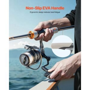 rod and fishing reel combo, im6 fiberglass & carbon fiber spinning rod and reel combo, bass fishing pole with 6.5 ft two piece rods, 6+1 ball bearings, stainless steel guides with ceramic rings