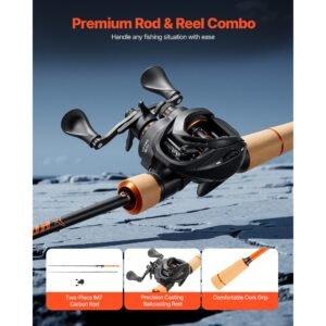 rod and fishing reel combo, im7 carbon fiber baitcasting rod and reel combo, bass fishing pole with 6+1 bb system, 7.0:1 gear ratio, cork handle, stainless steel guides with ceramic rings