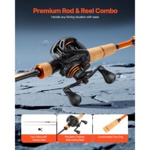 rod and fishing reel combo, im7 carbon fiber baitcasting rod and reel combo, bass fishing pole with 6+1 bb system, 7.0:1 gear ratio, cork handle, stainless steel guides with ceramic rings