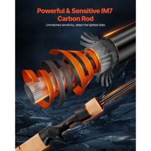 rod and fishing reel combo, im7 carbon fiber baitcasting rod and reel combo, bass fishing pole with 6+1 bb system, 7.0:1 gear ratio, cork handle, stainless steel guides with ceramic rings