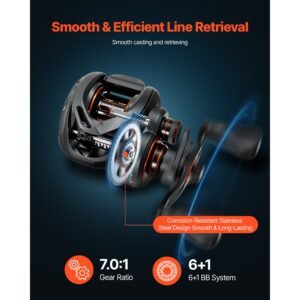 rod and fishing reel combo, im7 carbon fiber baitcasting rod and reel combo, bass fishing pole with 6+1 bb system, 7.0:1 gear ratio, cork handle, stainless steel guides with ceramic rings