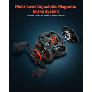 rod and fishing reel combo, im7 carbon fiber baitcasting rod and reel combo, bass fishing pole with 6+1 bb system, 7.0:1 gear ratio, cork handle, stainless steel guides with ceramic rings