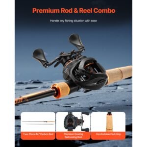 rod and fishing reel combo, im7 carbon fiber baitcasting rod and reel combo, bass fishing pole with 7+1 bb system, 7.0:1 gear ratio, cork handle, stainless steel guides with ceramic rings