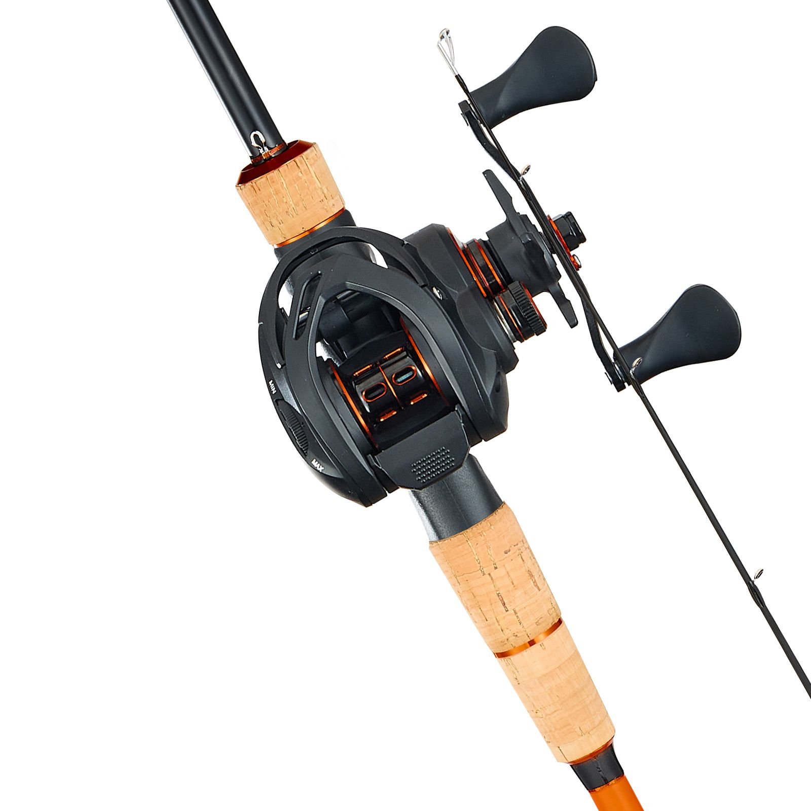 rod and fishing reel combo, im7 carbon fiber baitcasting rod and reel combo, bass fishing pole with 7+1 bb system, 7.0:1 gear ratio, cork handle, stainless steel guides with ceramic rings