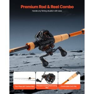 rod and fishing reel combo, im7 carbon fiber baitcasting rod and reel combo, bass fishing pole with 7+1 bb system, 7.0:1 gear ratio, cork handle, stainless steel guides with ceramic rings