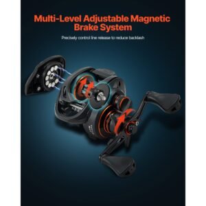 rod and fishing reel combo, im7 carbon fiber baitcasting rod and reel combo, bass fishing pole with 7+1 bb system, 7.0:1 gear ratio, cork handle, stainless steel guides with ceramic rings