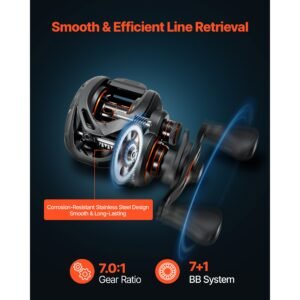 rod and fishing reel combo, im7 carbon fiber baitcasting rod and reel combo, bass fishing pole with 7+1 bb system, 7.0:1 gear ratio, cork handle, stainless steel guides with ceramic rings