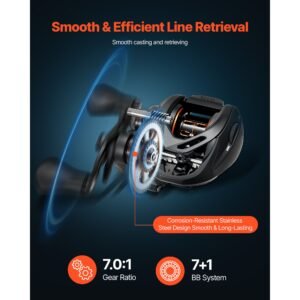 rod and fishing reel combo, im7 carbon fiber baitcasting rod and reel combo, bass fishing pole with 7+1 bb system, 7.0:1 gear ratio, cork handle, stainless steel guides with ceramic rings
