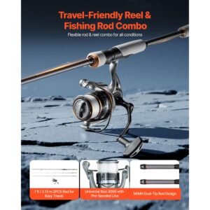 rod and fishing reel combo, im7 carbon fiber spinning rod and reel combo, bass fishing pole with 7 ft two piece rods, 7+1 ball bearings, eva handle, stainless steel guides with ceramic rings