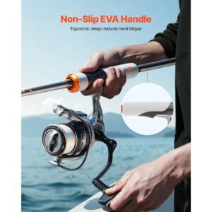 rod and fishing reel combo, im7 carbon fiber spinning rod and reel combo, bass fishing pole with 7 ft two piece rods, 7+1 ball bearings, eva handle, stainless steel guides with ceramic rings