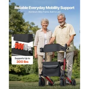 rollator walker with seat for seniors, ultra compact 3 fold rolling walker, lightweight aluminum mobility walking aid with pu solid wheels, adjustable handle, cup & cane holder supports 300lbs