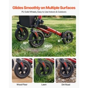 rollator walker with seat for seniors, ultra compact 3 fold rolling walker, lightweight aluminum mobility walking aid with pu solid wheels, adjustable handle, cup & cane holder supports 300lbs