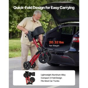 rollator walker with seat for seniors, ultra compact 3 fold rolling walker, lightweight aluminum mobility walking aid with pu solid wheels, adjustable handle, cup & cane holder supports 300lbs
