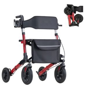 Rollator Walker with Seat for Seniors, Ultra Compact 3-Fold Rolling Walker, Lightweight Aluminum Mobility Walking Aid with PU Solid Wheels, Adjustable Handle, Cup & Cane Holder - Supports 300LBS
