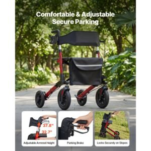 rollator walker with seat for seniors, ultra compact 3 fold rolling walker, lightweight aluminum mobility walking aid with pu solid wheels, adjustable handle, cup & cane holder supports 300lbs