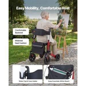 rollator walker with seat for seniors, ultra compact 3 fold rolling walker, lightweight aluminum mobility walking aid with pu solid wheels, adjustable handle, cup & cane holder supports 300lbs