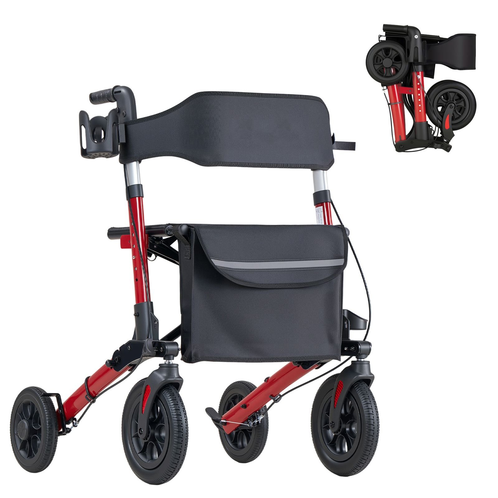rollator walker with seat for seniors, ultra compact 3 fold rolling walker, lightweight aluminum mobility walking aid with pu solid wheels, adjustable handle, cup & cane holder supports 300lbs
