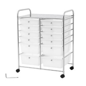 Rolling Cart with Drawers, Double Row 12 Drawer Storage Organizer, Mobile Utility Cart with Chrome Steel Frame, Universal Casters & 2 Brakes, for Office, Classroom, Craft Room, Studio, Garage