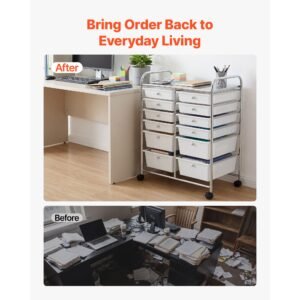 rolling cart with drawers, double row 12 drawer storage organizer, mobile utility cart with chrome steel frame, universal casters & 2 brakes, for office, classroom, craft room, studio, garage