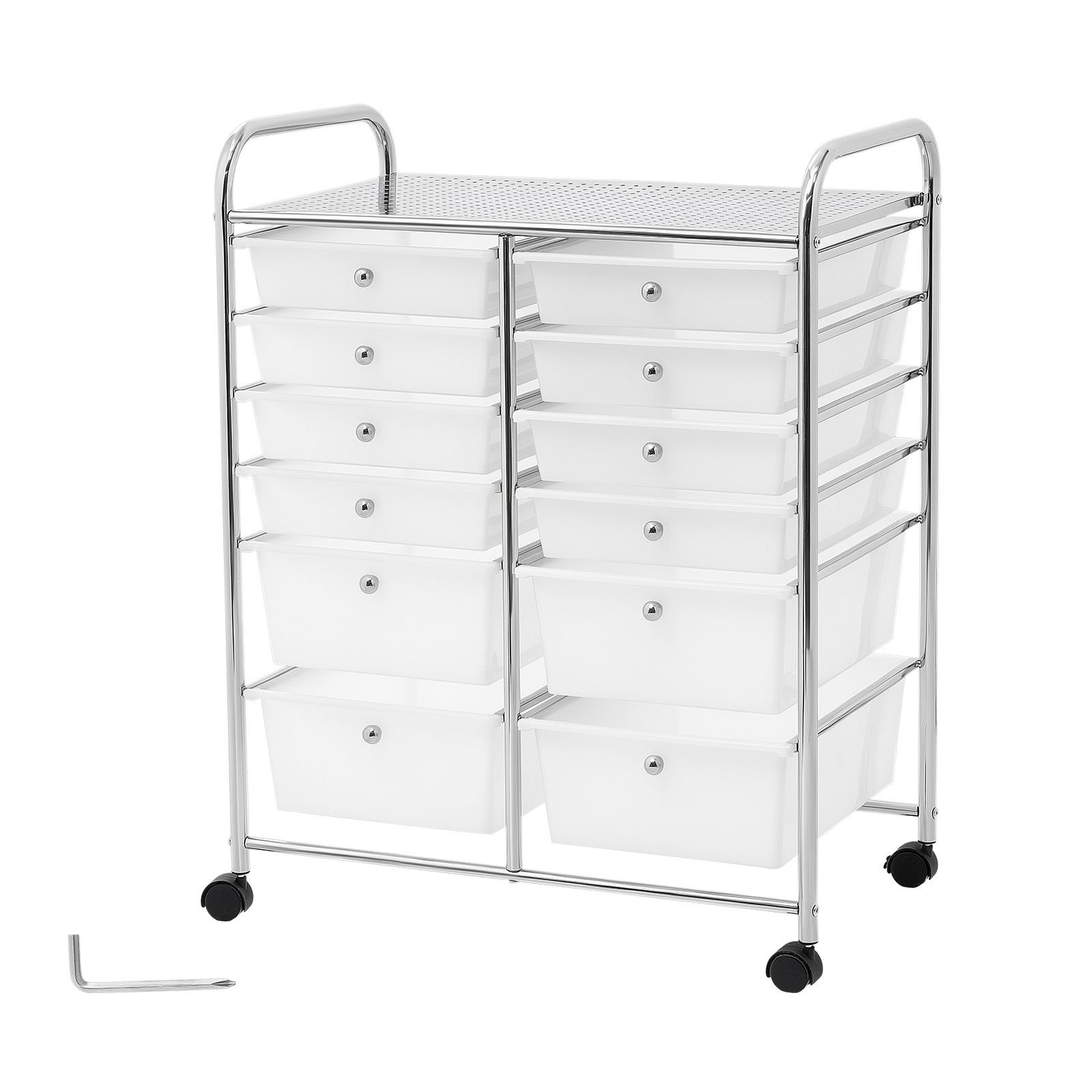 rolling cart with drawers, double row 12 drawer storage organizer, mobile utility cart with chrome steel frame, universal casters & 2 brakes, for office, classroom, craft room, studio, garage