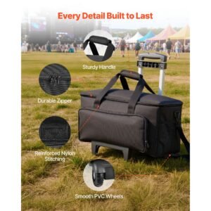 rolling dj cable bag, 1680d, padded file gig bag with wheels, 6 detachable divider, travel storage music gear case, for professional dj gear, musical instrument and accessories, sound equipment