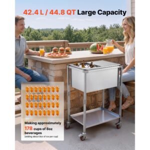 rolling ice chest cooler cart stainless steel cooling bin 44.8 quart, outdoor stand up cooler trolley with wheels, sliding lid, shelf, for patio backyard party bar cold drinks, 26x19.9x38.8 in