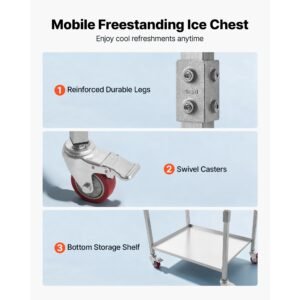 rolling ice chest cooler cart stainless steel cooling bin 44.8 quart, outdoor stand up cooler trolley with wheels, sliding lid, shelf, for patio backyard party bar cold drinks, 26x19.9x38.8 in