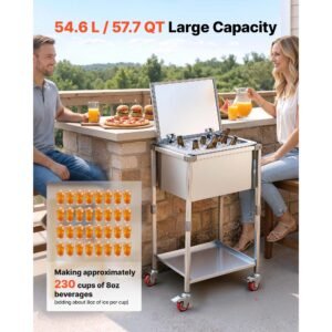 rolling ice chest cooler cart stainless steel cooling bin 57.7 quart, outdoor stand up cooler trolley with wheels, flip lid, and shelf, for patio backyard party bar cold drinks, 22x17.9x39.5 in
