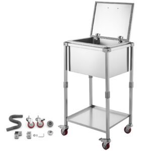 Rolling Ice Chest Cooler Cart Stainless Steel Cooling Bin 57.7 Quart, Outdoor Stand Up Cooler Trolley with Wheels, Flip Lid, and Shelf, for Patio Backyard Party Bar Cold Drinks, 22x17.9x39.5 in