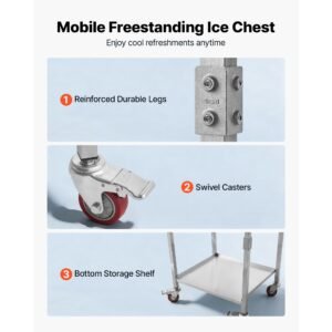 rolling ice chest cooler cart stainless steel cooling bin 57.7 quart, outdoor stand up cooler trolley with wheels, flip lid, and shelf, for patio backyard party bar cold drinks, 22x17.9x39.5 in
