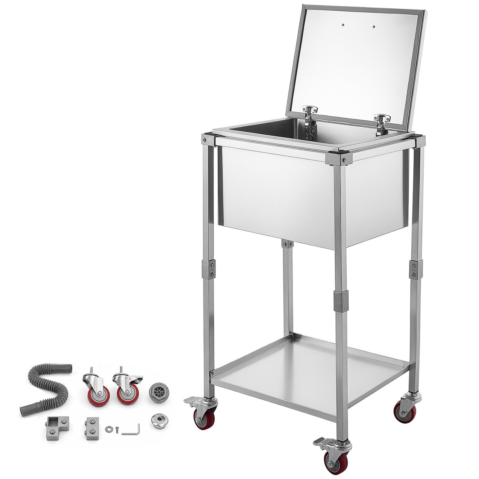 rolling ice chest cooler cart stainless steel cooling bin 57.7 quart, outdoor stand up cooler trolley with wheels, flip lid, and shelf, for patio backyard party bar cold drinks, 22x17.9x39.5 in