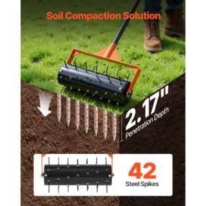 rolling lawn aerator, 15 in manual push aerator roller with 42 spikes & 60 in long handle, fillable drum for added weight, heavy duty lawn soil penetrator for garden yard compacted soils