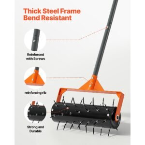 rolling lawn aerator, 15 in manual push aerator roller with 42 spikes & 60 in long handle, fillable drum for added weight, heavy duty lawn soil penetrator for garden yard compacted soils
