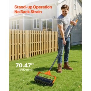 rolling lawn aerator, 15 in manual push aerator roller with 42 spikes & 60 in long handle, fillable drum for added weight, heavy duty lawn soil penetrator for garden yard compacted soils