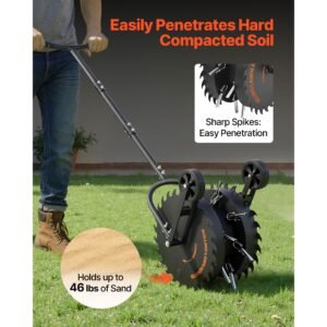 rolling lawn core aerator, 16.6 in coring aerator roller with anti clog tines, heavy duty & rust resistant, yard grass pulling plugs manual aeration tool for compacted garden soil loosening