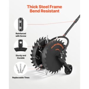 rolling lawn core aerator, 16.6 in coring aerator roller with anti clog tines, heavy duty & rust resistant, yard grass pulling plugs manual aeration tool for compacted garden soil loosening