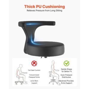 rolling stool with back support, 500 lbs weight capacity, height adjustable, thick cushion ergonomic pu leather seat, 360° swivel round rolling stool chair for dental, salon, clinic, black
