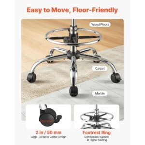rolling stool with back support, 500 lbs weight capacity, height adjustable, thick cushion ergonomic pu leather seat, 360° swivel round rolling stool chair for dental, salon, clinic, black