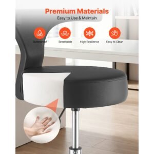 rolling stool with back support, 500 lbs weight capacity, height adjustable, thick cushion ergonomic pu leather seat, 360° swivel round rolling stool chair for dental, salon, clinic, black