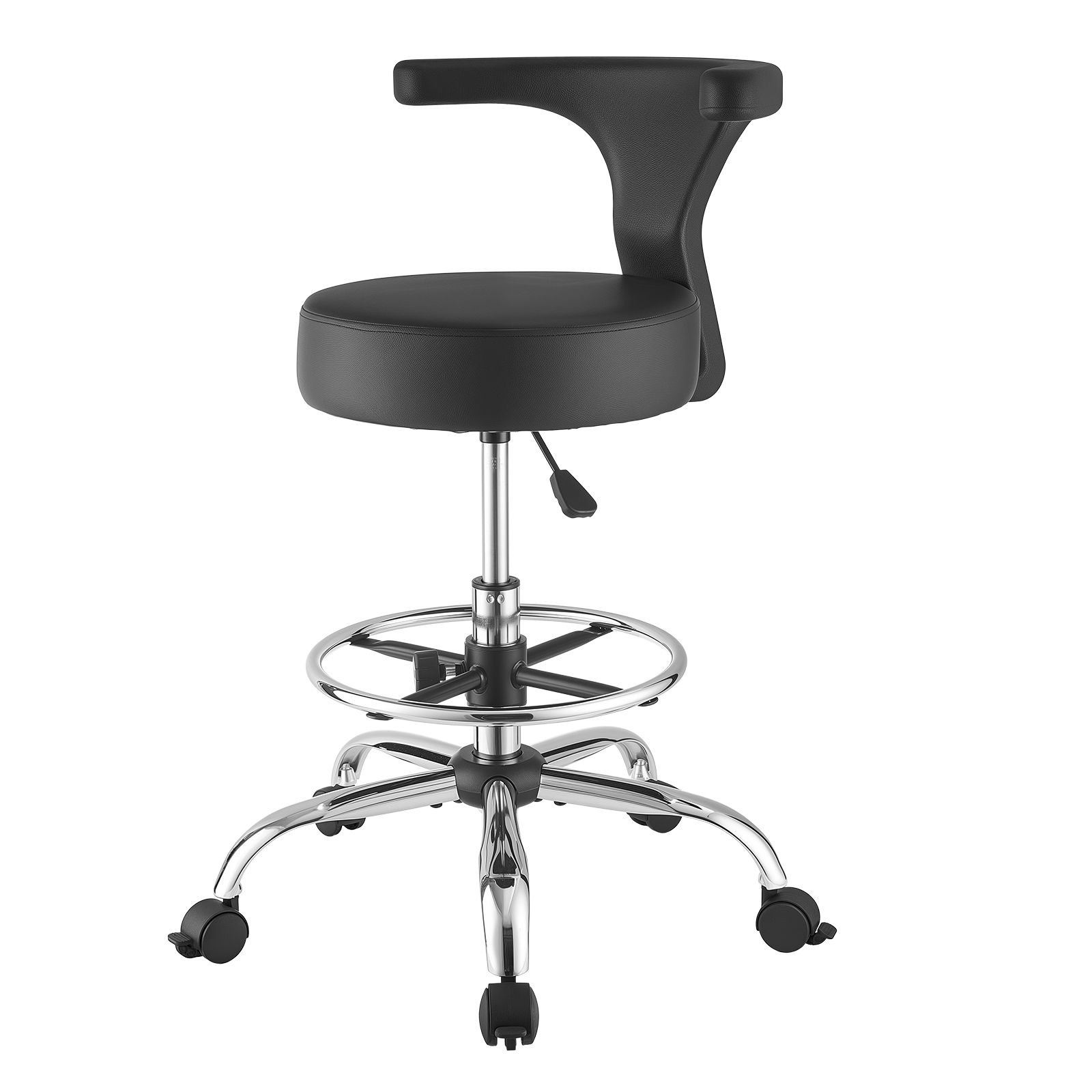 rolling stool with back support, 500 lbs weight capacity, height adjustable, thick cushion ergonomic pu leather seat, 360° swivel round rolling stool chair for dental, salon, clinic, black
