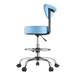 Rolling Stool with Back Support, 500 lbs Weight Capacity, Height Adjustable, Thick Cushion Ergonomic PU Leather Seat, 360° Swivel Round Rolling Stool Chair for Dental, Salon, Clinic, Blue