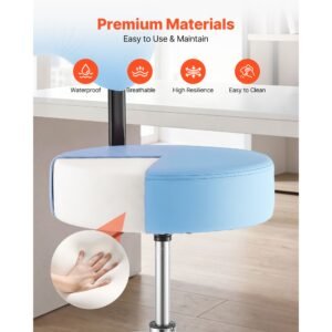 rolling stool with back support, 500 lbs weight capacity, height adjustable, thick cushion ergonomic pu leather seat, 360° swivel round rolling stool chair for dental, salon, clinic, blue