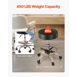 rolling stool with foot rest and wheels, 450 lbs weight capacity round rolling stool chair, height adjustable thickened pu leather swivel stool for salon, spa, massage, tattoo, clinic, black